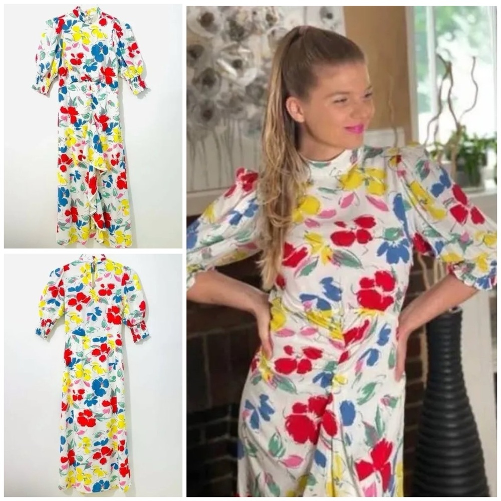 New RIXO Target Floral Mock Neck Cascade Ruffle Dress Size 2 - Picture 5 of 8